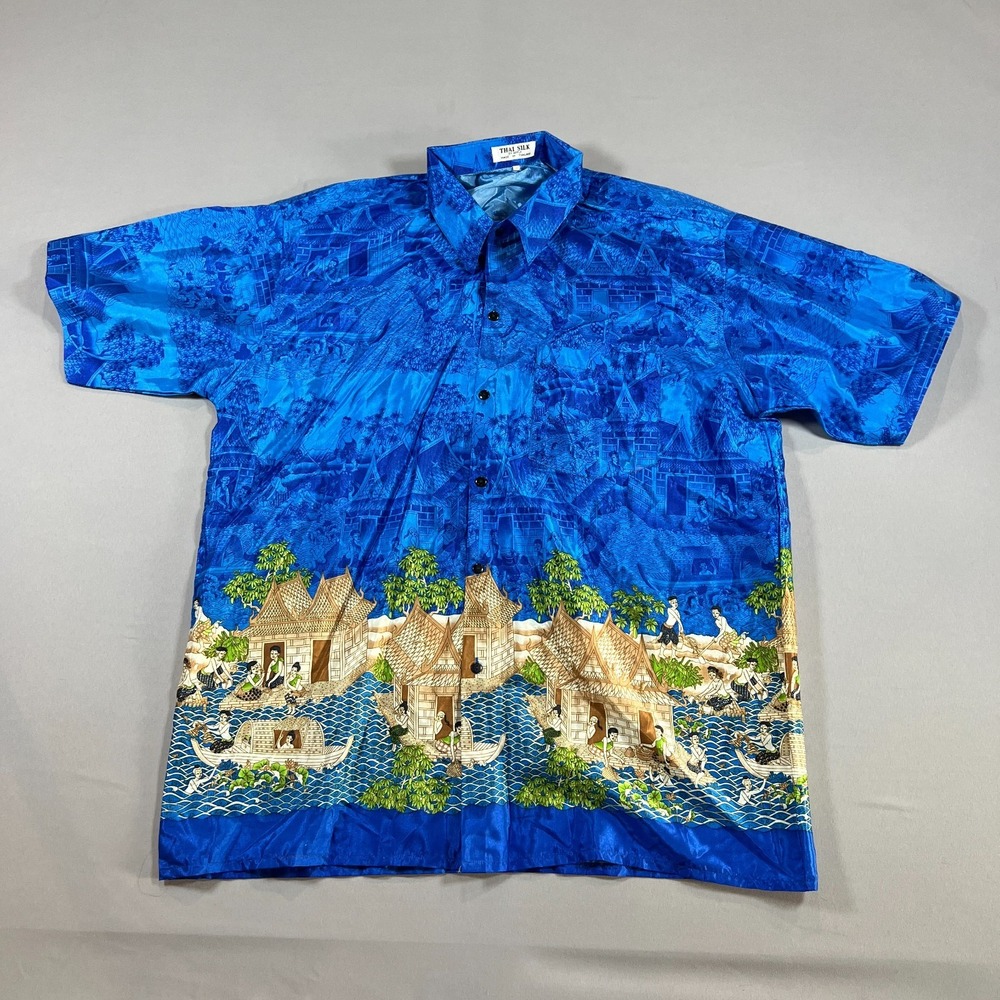 Thai Silk Button Up Shirt Mens 3XL Blue Scenic Asian Village Print Resort Wear